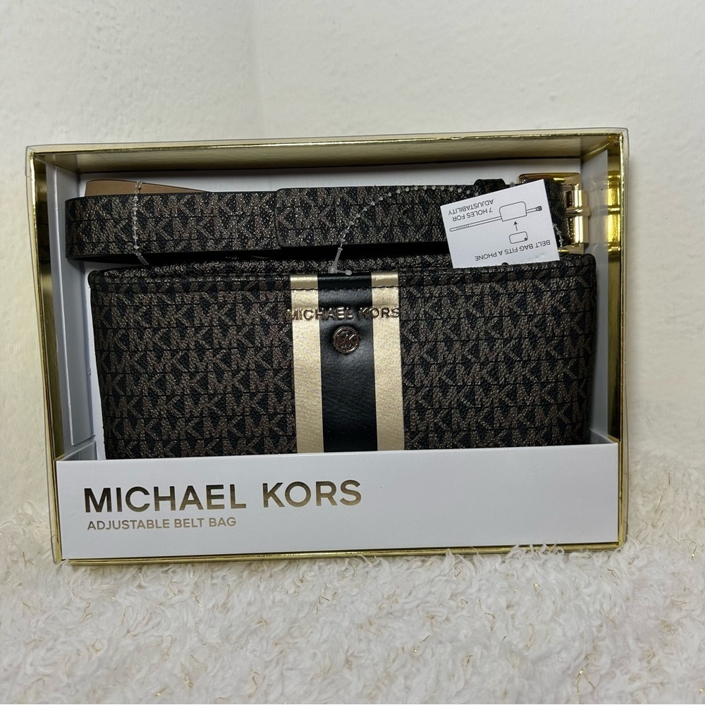 Michael Kors Adjustable Belt‎ Bag MK Logo Print Black Gold Fanny Pack L/XL NEW